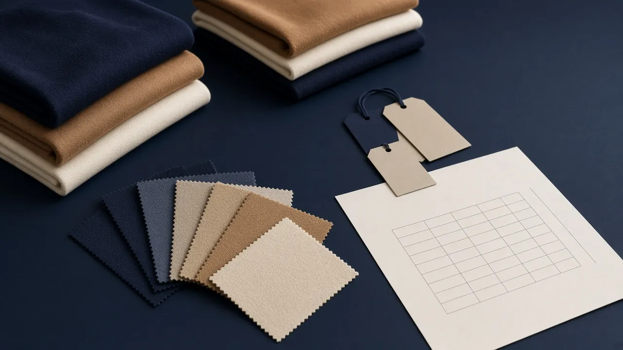 Folded garments, fabric swatches and a costing spreadsheet on an Australian fashion merchandising table