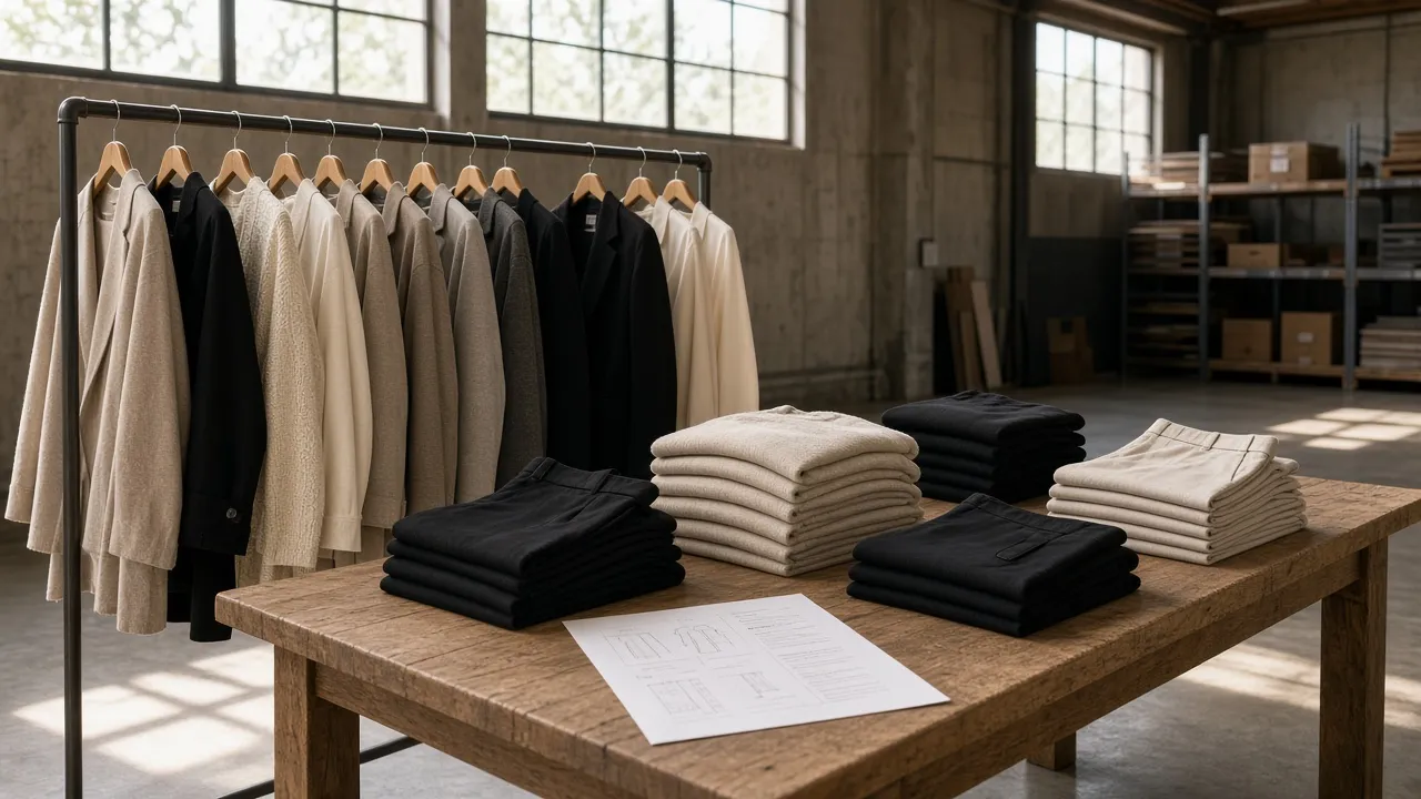 Wholesale sampling table with coordinated womenswear prepared for a buyer appointment